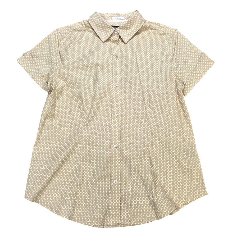 Liz Claiborne Stretch Button Down Shirt Womens Size S Tan Geometric Short Sleeve